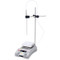 Photograph of Ohaus Guardian 3000 4" x 4" Hotplate-Stirrer Kit.  The hotplate is pictured with the probe holder attached and holding the temperature probe.
