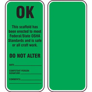 Photograph of both sides of a "Green, OK" Scaffold Status Tag for Scaffold Inspection Holder.
