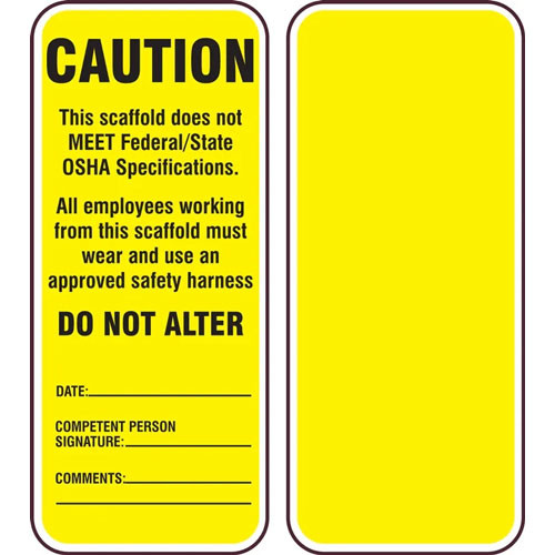 Photograph of both sides of a "Yellow, Caution" Scaffold Status Tag for Scaffold Inspection Holder.