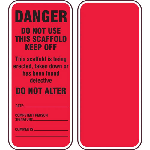 Photograph of both sides of a "Red, Danger" Scaffold Status Tag for Scaffold Inspection Holder.