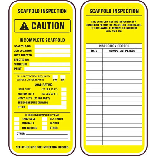 Photograph of both sides of Scaffold Status Safety Tags for Scaffold Inspection Tag Holders, Yellow "Incomplete Scaffold."