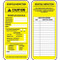 Photograph of both sides of Scaffold Status Safety Tags for Scaffold Inspection Tag Holders, Yellow "Incomplete Scaffold."