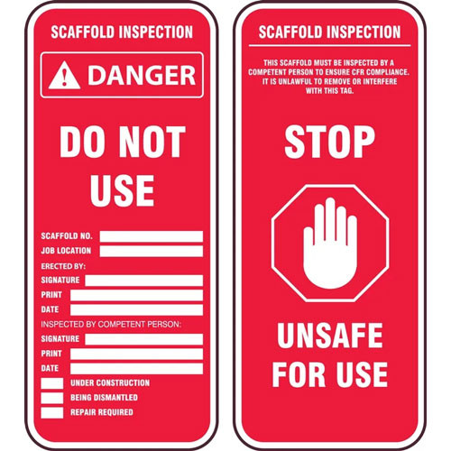 Photograph of both sides of Scaffold Status Safety Tags for Scaffold Inspection Tag Holders, Red "Danger. DoNot Use."