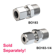 A photograph of a BO183 (top) and BO183-1/4 compression fitting (each sold separately)