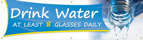 Picture of WorkHealthy banner that features a professional blue background with the image of a bottle pouring water, and wording "Drink Water. At Least 8 Glasses Daily" in bold white and yellow text. 