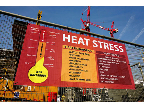 Photograph of Fence-Wrap Mesh Gate Screen: "Heat Stress, Heat Exhaustion, Heat Stroke " in use on a fence.