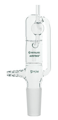 A photograph of a af-0516 bubbler, vertical on standard taper joint.