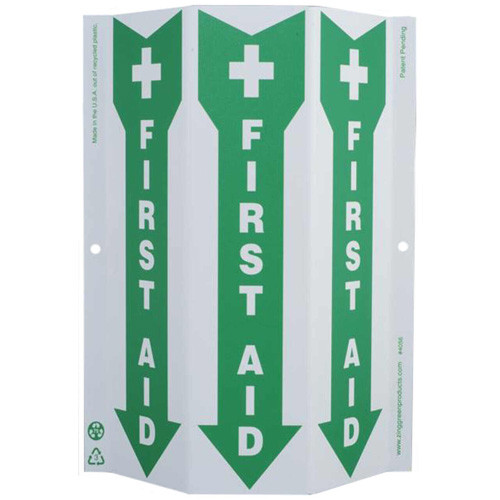 3-faced white sign features a green down arrow containing a first aid cross icon as well as the text "FIRST AID" on each face.