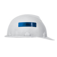 Photograph of a 06451 blue retro-reflective sticker on a hard hat.