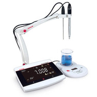 Photograph of an Ohaus AB41PH Benchtop meter demonstrating AS20 compact stirrer in use. (Available with AB41PH-F package only).