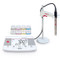 Photograph of an Ohaus AB23PH Benchtop meter, pH electrode, and  buffer mini kits.(Item AB23PH-F).