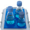 Photograph of three flasks on a sticky mat on the try of an Endeavor™ 5000 Light Duty Orbital Shaker (flasks and tray sold separately). 