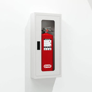 Photograph of  a surface mounted fire extinguisher cabinet (CSST) containing an oval fire extinguisher (not included).  This cabinet is white powder-coated steel with a full window,   viewed from an angle.