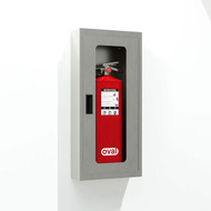 Photograph of  a surface mounted, Stainless Steel fire extinguisher cabinet (CSSS) containing an oval fire extinguisher (not included), viewed from an angle.