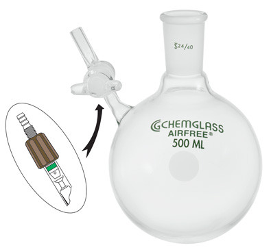 A photograph of a af-0528 schlenk flask, round bottom w/ glass stopcock or airfree valve.