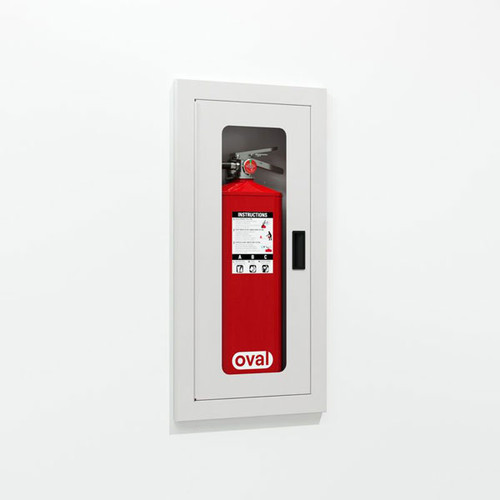Photograph of  a fire rated, recess  mounted fire extinguisher cabinet (CRFRST) containing an oval fire extinguisher (not included).  This cabinet is white powder-coated steel with a full window,   viewed from an angle.