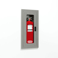 Photograph of  a stainless steel fire rated recess  mounted fire extinguisher cabinet (CRFRSS) containing an oval fire extinguisher (not included).  This cabinet is white powder-coated steel with a full window,   viewed from an angle.