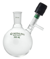 A photograph of a af-0529 schlenk flask, round bottom, 90° chem-cap® valve.