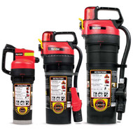 A picture of a 2.5, 5 lb, and 10 lb Rusoh Eliminator fire extinguisher side by side.