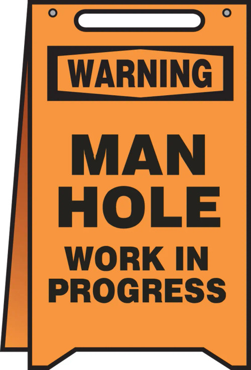 A drawing of an orange 08510 Warning, Manhole Work In Progress, fold-ups® freestanding sign.