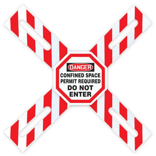 A drawing of a white,red, and black 08515 Danger Confined Space Permit Required, Do Not Enter, Man-Way Cross™ Barrier.