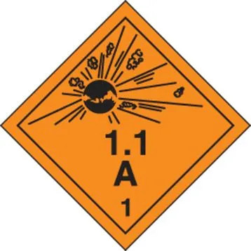 An orange and black photograph of a 03062 dot explosives shipping label, reading 1.1A 1 with graphic.