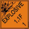 An orange and black photograph of a 03062 dot explosives shipping label, reading explosives 1.1F 1 with graphic.