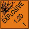 An orange and black photograph of a 03063 dot explosives shipping label, reading explosives 1.2D 1 with graphic.