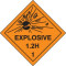 An orange and black photograph of a 03063 dot explosives shipping label, reading explosives 1.2H 1 with graphic.