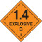An orange and black photograph of a 03065 dot explosives shipping label, reading explosives 1.4B 1 with graphic.