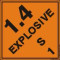 An orange and black photograph of a 03065 dot explosives shipping label, reading explosives 1.4S 1 with graphic.