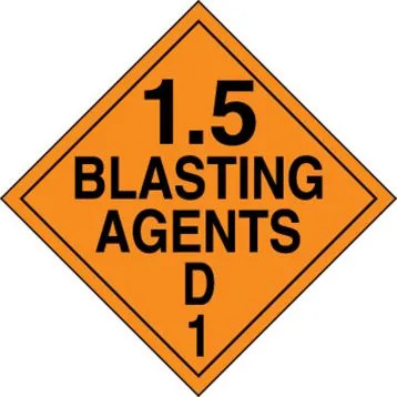 An orange and black photograph of a 03089 DOT explosives placard, reading 1.5 Blasting Agents D 1. 