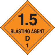 An orange and black photograph of a 03066 dot explosives shipping label, reading 1.5 Blasting Agent D 1.
