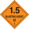 An orange and black photograph of a 03066 dot explosives shipping label, reading 1.5 Blasting Agent D 1.