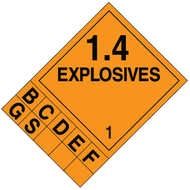 A orange and black photograph of a 03092 dot 1.4 explosives placard system w/ numbers and letters.