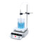Photograph of an Ohaus Next Generation Guardian™ 5000 7" x 7" Hotplate Stirrer with temperature probe (Kit-1) in use, left facing.  Beaker not included.