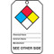 An image of front  of a 01227  Hazardous Material Dual-Sided Safety Tags, NFPA Diamond.  It shows the NFPA Diamond for rating health hazard (blue), fire (red), instability (yellow), and specific hazards (white).  It also has lines for the Chemical Name, Common Name and Manufacturer.