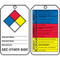 An image of the two sides of a 01229 Hazardous Material Safety Tag.  The image on the left is the NFPA Diamond while the image on the right is similar to the HMCIS Format, showing the self-laminating tags.