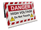 Image of the red and white high visibility sign featuring the text: "DANGER HIGH VOLTAGE DO NOT TOUCH", with yellow electrical discharge symbols, at a 45 degree angle.