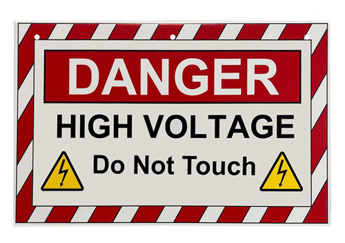 Image of the red and white high visibility sign features the text: "DANGER HIGH VOLTAGE DO NOT TOUCH", with yellow electrical discharge symbols. 