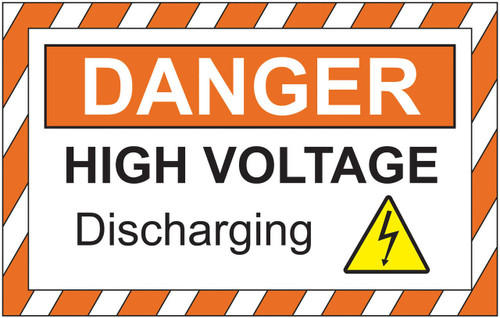 Image of the orange and white high visibility sign featuring the text: "DANGER HIGH VOLTAGE DISCHARGING", with a yellow electrical discharge symbol, facing straight ahead.