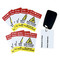 Image showing all 10 of the tags included in a pack overlayed, with one tag attached to a keychain.