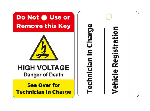 Image showing the front and back of the tags side by side, which feature the text: "DO NOT USE OR REMOVE THIS KEY" in red and white at the top, "HIGH VOLTAGE DANGER OF DEATH" in black in the middle beneath an electric shock symbol, and "SEE OVER FOR TECHNICIAN IN CHARGE" on the bottom in yellow and black. The back features the text: "TECHNICIAN IN CHARGE" and "VEHICLE REGISTRATION" with space to fill in the relevant information.