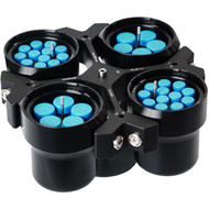 Photograph of  Package Cell Culture for 1000ml Bucket.  The 4 x 1000 mL swing rotor is shown with  four 100 mL buckets, two containing 5 x 50 mL, D29 FA racks and two containing 12 x 15 mL, D17 FA racks.  Tubes and caps shown are sold separately.