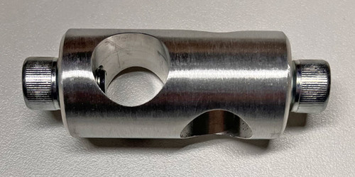 A side view photograph of an AAP150 90° Rod Connector and Clamp Holder.