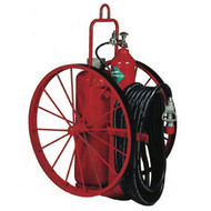 A photograph of a Badger B150AL-1 ABC dry chemical stored pressure 145 pound wheeled fire extinguisher.