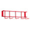 A photograph of a red 06082 PVC 17" 5-hook rack without tools. It is 17"L x 3"W x 3"H.