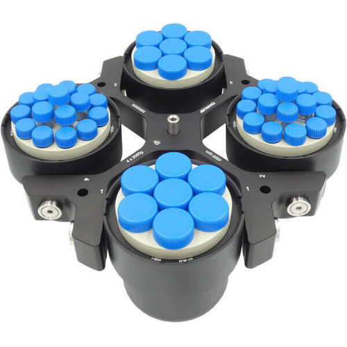 Photograph of cell culture package for Ohaus 4 x 750 mL Swing Rotor.  The swing rotor is shown with two  7 x 50 mL conical tube racks and two 17 x 15 mL conical tube racks.  The tubes and caps that are shown are sold separately. 