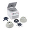 A photograph of an Ohaus Frontier™ FC5706P Multi-Function Centrifuge, facing right, lid open, surrounded by all optional rotors.