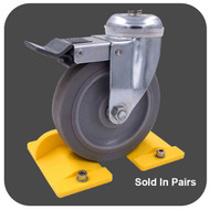 A picture of one Kitchen Appliance Floor Positioning Bracket shown in use with an appliance wheel.